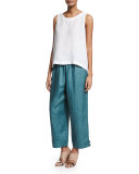 Slimmer Japanese Button-Cuff Linen Ankle Pants, Teal