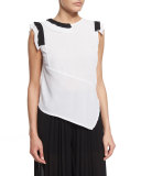 Sleeveless Asymmetric Two-Tone Blouse, White/Black
