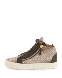 Men's Snake-Embossed Leather Mid-Top Sneaker, Light Brown