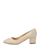 Low-Heel Jeweled Linen Pump, Natural