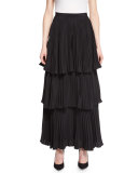 Tiered Plisse Maxi Skirt, Black