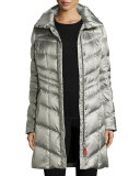 Hooded Herringbone Down Coat, Platinum