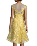 Floral Lace Illusion Cocktail Dress, Bright Yellow