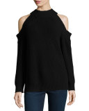 Peekaboo Cold-Shoulder Ribbed Wool-Blend Sweater, Black