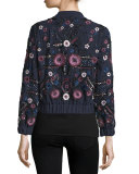 Folk Embellished Floral-Embroidery Bomber Jacket, Midnight Multi