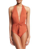 Phoenix Plunge-Neck Halter One-Piece Swimsuit