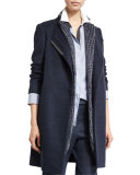 Monili-Placket Zip-Front Slim Coat, Navy