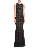 Lace Boat-Neck Sleeveless Gown, Black