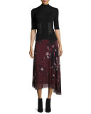 Half-Sleeve Turtleneck Corset Knit Sweater, Black