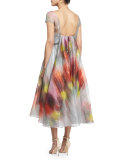 Watercolor Short-Sleeve Backless Dress, Multi Colors
