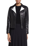 Lambskin Leather Jacket w/ Contrast Facing, Black/Shell White