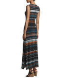 Sleeveless Tribal-Print Maxi Dress, Blue Universal 