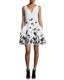 Feather-Embellished Faille Cocktail Dress, Ivory/Black