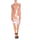 Large-Sequin Short-Sleeve Cocktail Dress, Skin