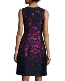 Floral-Embroidered Sleeveless Cocktail Dress, Navy/Hot Pink