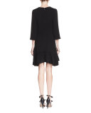 3/4-Sleeve Asymmetric-Hem Silk Dress, Black
