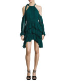 Elsa Cold-Shoulder Ruffled Chiffon Mini Dress, Everglade