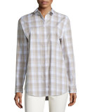 Sabira Long-Sleeve Plaid Blouse, Mercury Melange 