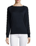 Long-Sleeve Embellished Lace Crewneck Sweater