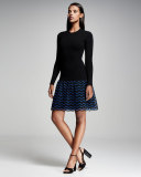 Wave-Lace Long-Sleeve Dress, Lapis/Black