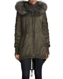 Fur-Trimmed Hooded High-Low Hem Parka, Loden