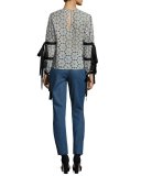 Eyelet Tie-Sleeve Blouse, Gray