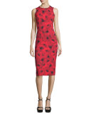 Sleeveless Floral-Print Contour Sheath Dress, Crimson