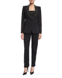 Macey Embellished Strong-Shoulder Blazer, Black