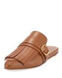 Leather Fringe Flat Kiltie Mule, Toast