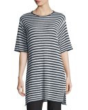 Half-Sleeve Striped Organic-Linen Sweater, Graphite/White