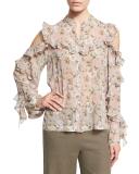 Floral-Print Silk Cold-Shoulder Shirt, Pink