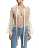 Long-Sleeve Self-Tie Sheer Lace Blouse, Vanilla