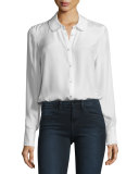 Ruffle-Cuff Silk Blouse, Blanc