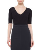Ribbed V-Neck Half-Sleeve Top, Navy