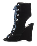 Velvet Lace-Up Wedge Bootie, Nero