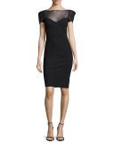 Misa Short-Sleeve Illusion Jersey Sheath Dress, Nero