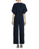 Faux-Wrap Silk Kimono Jumpsuit, Blue