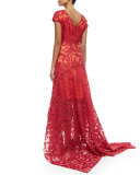 Cap-Sleeve Miriam Leaf-Lace Gown, Magnolia