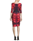 3/4-Sleeve Floral Tie-Dye Cocktail Dress, Winter Blossom Red