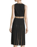 Sleeveless Pleated Dress W/Lace Insets, Black