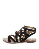 Gemma Suede Flat Lace-Up Sandal, Black