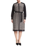Damiere Belted Geometric-Print Dress, Plus Size