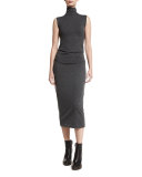 Ruched Sleeveless Turtleneck Midi Dress, Charcoal