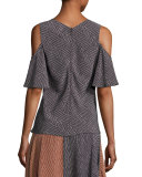 Broken-Dash Cold-Shoulder Blouse, Black