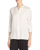 Band-Collar Stretch-Silk Pintuck-Placket Blouse