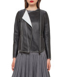 Leather Biker Jacket w/Contrast Stitching, Black/Moonstone