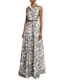 Sleeveless Printed Shirtdress Gown, Ivory/Black