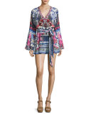 Belted V-Neck Bell-Sleeve Silk Playsuit, From Kaili with Love