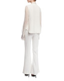 Scarf-Neck Silk Blouse w/Fringe Trim, Ivory