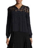 Lace-Illusion Tie-Neck Blouse, Dark Navy/Black